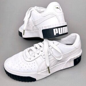 Puma Cali Bold White Black Leather Platform Sneakers 7.5 Gold Tips Heel Logo
